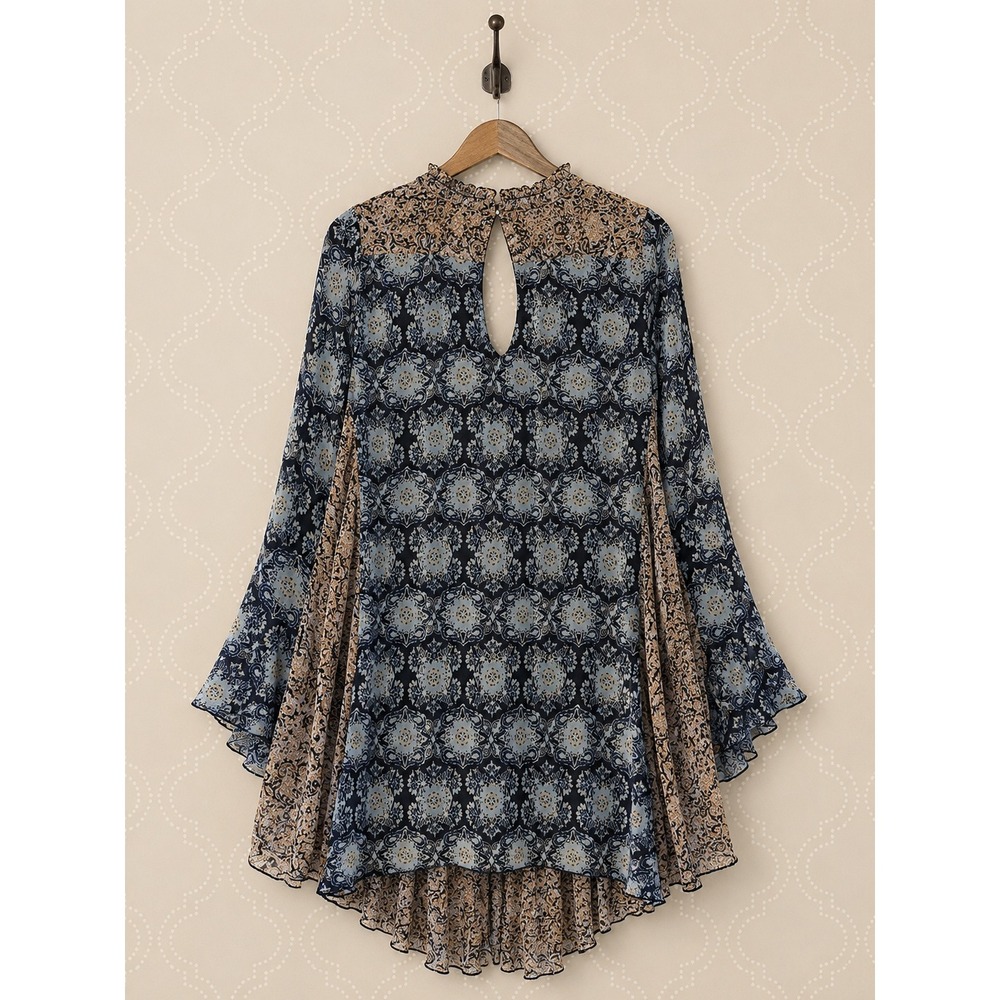 Free People Mini Dress Tunic Mixed Print Boho Bell Sleeve Open Back Size S